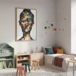 Gestural expressionist portrait with vibrant floral abstractions in multicolored brushstrokes, hand-painted canvas, contemporary child's room