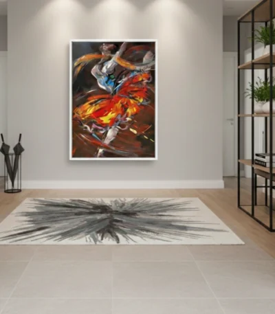 Gestural abstract expressionist hand-painted canvas in vibrant reds, golds and burnt oranges with dynamic brushstrokes, contemporary entryway