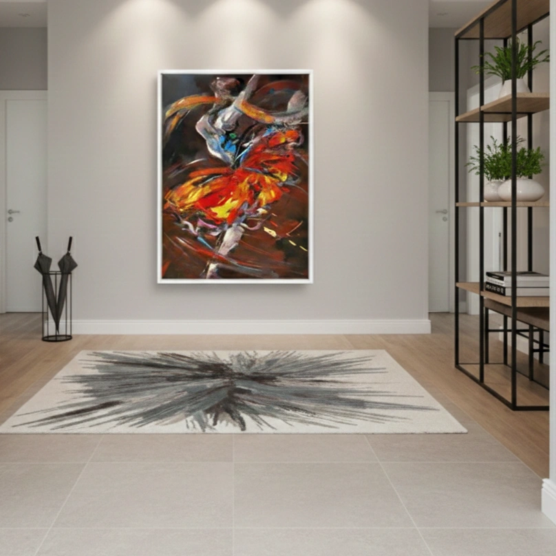 Fiery Motion Vibrant crimson fluid strokes abstract wall art (1.5) Gestural abstract expressionist hand-painted canvas in vibrant reds, golds and burnt oranges with dynamic brushstrokes, contemporary entryway