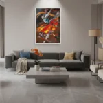 Gestural abstract expressionist hand-painted canvas with dynamic figures in vibrant orange and gold brushstrokes, contemporary living space