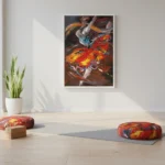 Gestural abstract expressionist hand-painted canvas in vibrant reds, oranges and golds with dynamic brushwork, yoga studio setting