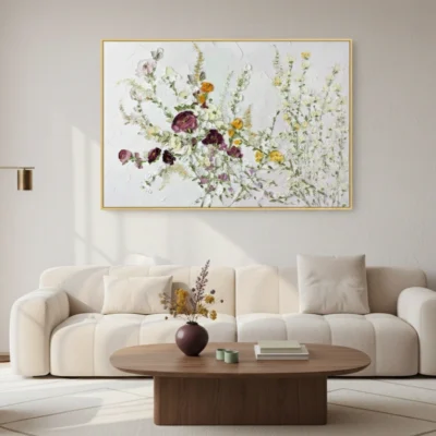 Impressionist hand-painted canvas of wildflowers in purple, yellow, and sage green with delicate botanical details, contemporary living space