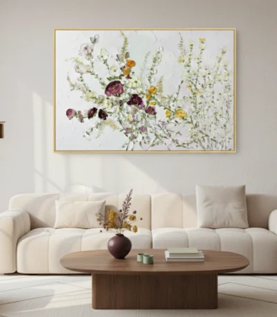 Impressionist hand-painted canvas of wildflowers in purple, yellow, and sage green with delicate botanical details, contemporary living space