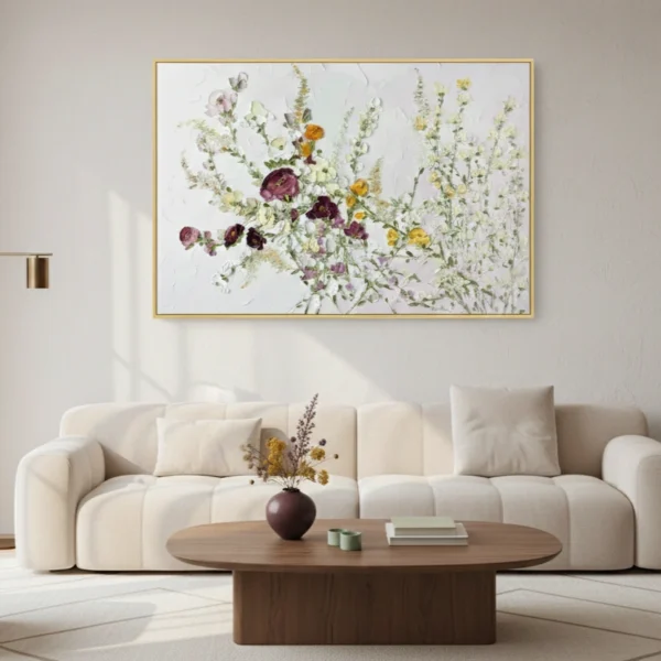 Impressionist hand-painted canvas of wildflowers in purple, yellow, and sage green with delicate botanical details, contemporary living space