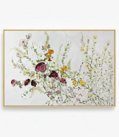 Impressionist hand-painted canvas of wildflowers and botanicals in burgundy, yellow, and soft pastels, displayed in a contemporary space