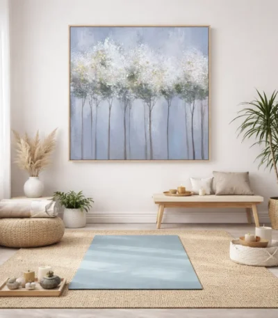 Impressionist hand-painted canvas depicting white flowering trees in misty blue landscape, soft neutral tones, meditation room setting