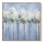 Textured landscape painting depicting misty forest with white flowering trees in soft blue and grey tones, hand-painted canvas