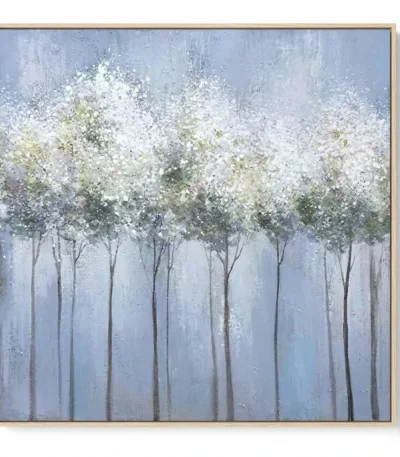 Textured landscape painting depicting misty forest with white flowering trees in soft blue and grey tones, hand-painted canvas