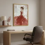 Gestural figurative painting of woman in flowing red gown with expressive brushwork, cream and burgundy palette, modern office space