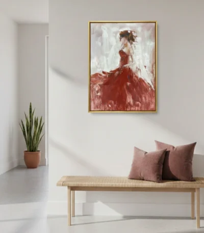 Expressionist hand-painted canvas depicting woman in flowing crimson gown, soft neutral palette with gestural brushwork, contemporary entryway