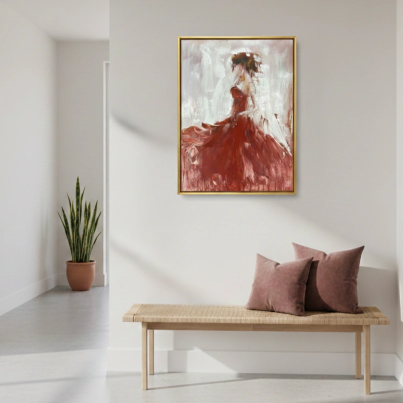 Garnet Grace Expressionist female silhouette abstract art (1.5) Expressionist hand-painted canvas depicting woman in flowing crimson gown, soft neutral palette with gestural brushwork, contemporary entryway