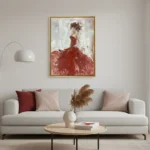 Gestural figurative hand-painted canvas of woman in flowing crimson gown, soft cream and burgundy palette, contemporary living space