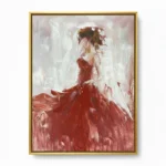 Gestural figurative hand-painted canvas depicting woman in flowing red gown against soft neutral backdrop, rich crimson and cream palette