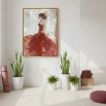 Gestural abstract painting of a woman in deep red flowing dress, hand-painted canvas with expressive brushwork in warm and neutral tones, modern living space