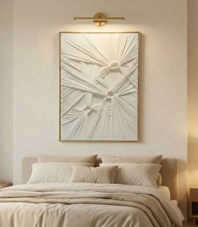 Textured abstract hand-painted canvas in radiating cream and white striations with dimensional relief, contemporary bedroom