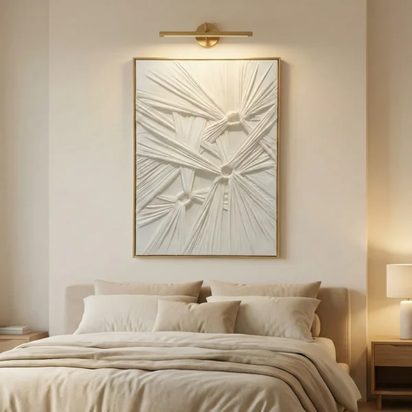 Textured abstract hand-painted canvas in radiating cream and white striations with dimensional relief, contemporary bedroom