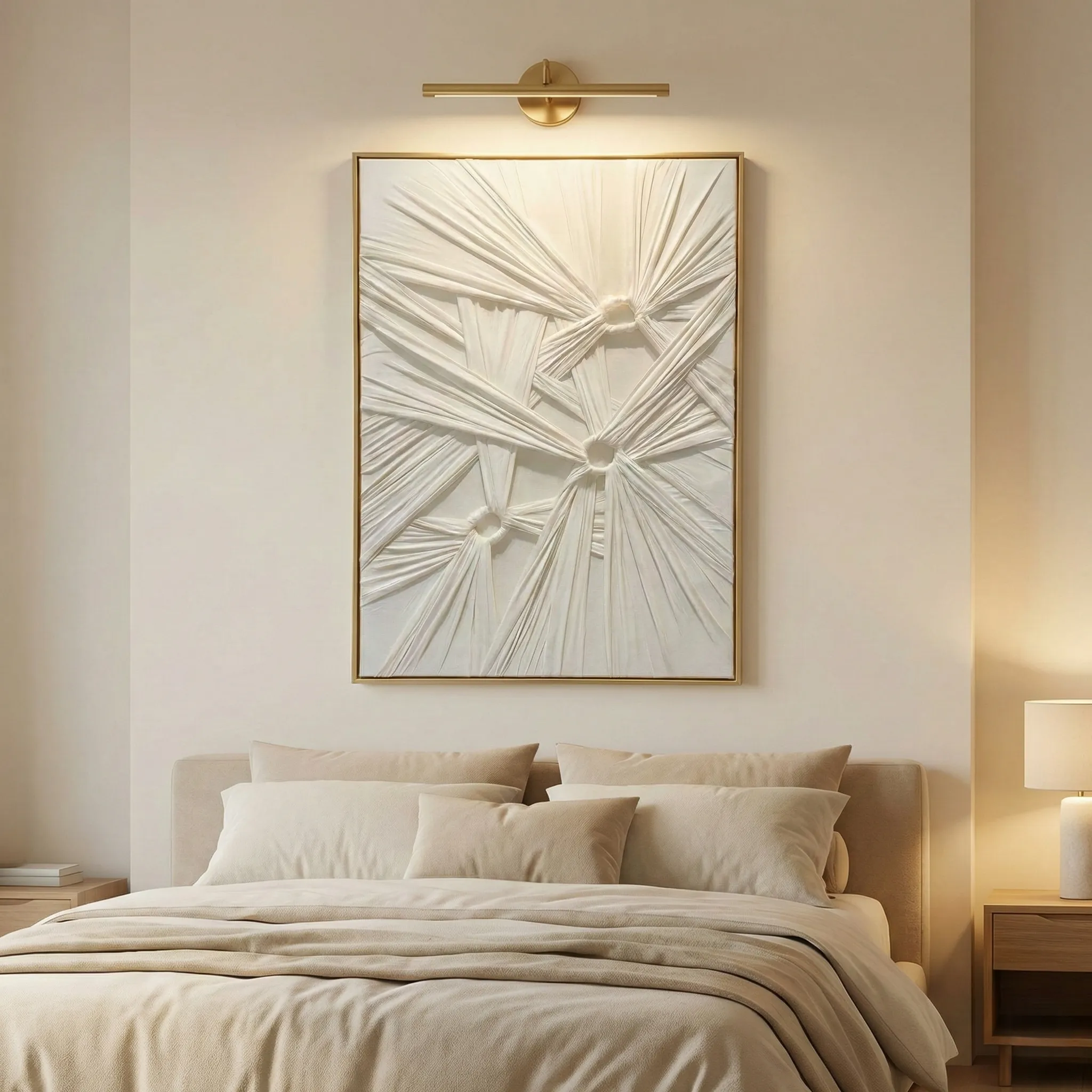 Gathered Luxe Sculptural white pleated cloth fabric wall art (1.5) Textured abstract hand-painted canvas in radiating cream and white striations with dimensional relief, contemporary bedroom