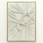 Textured abstract hand-painted canvas with radiating white striped forms and dimensional spherical nodes, monochromatic cream palette