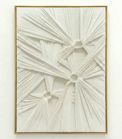 Textured abstract hand-painted canvas with radiating white striped forms and dimensional spherical nodes, monochromatic cream palette