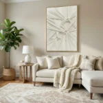 Textured abstract hand-painted canvas with layered white sculptural brushstrokes and dimensional relief details, cream and ivory palette, contemporary living space