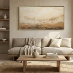 Textured abstract landscape hand-painted canvas in warm cream and taupe tones, contemporary living space