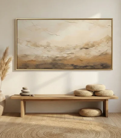 Textured abstract landscape painting in layered cream, ochre, and bronze tones, hand-painted canvas in minimalist interior