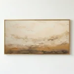Textured landscape hand-painted canvas depicting layered mountains in warm cream, tan and bronze tones, modern living space