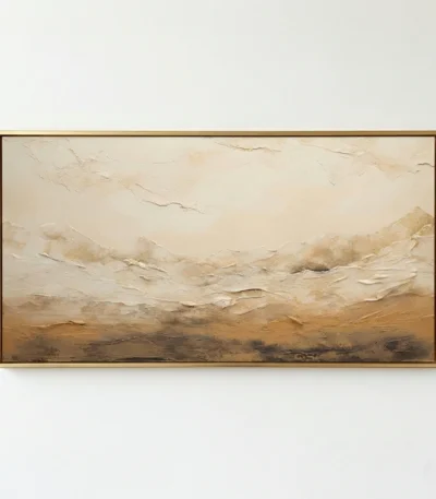 Textured landscape hand-painted canvas depicting layered mountains in warm cream, tan and bronze tones, modern living space