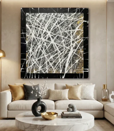 Contemporary abstract hand-painted canvas with layered white gestural strokes, charcoal and gold leaf accents, modern living space