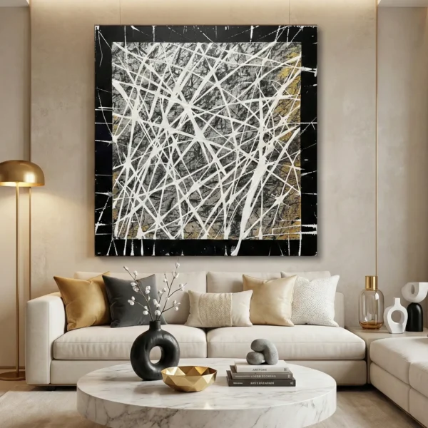 Contemporary abstract hand-painted canvas with layered white gestural strokes, charcoal and gold leaf accents, modern living space
