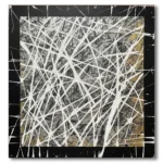 Abstract hand-painted canvas with dynamic white linear web patterns over textured grey and gold tonal background