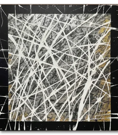Abstract hand-painted canvas with dynamic white linear web patterns over textured grey and gold tonal background