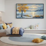 Impressionist landscape hand-painted canvas depicting golden autumn tree by misty winter lake, cool blue and warm ochre palette, modern bedroom