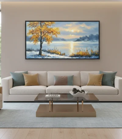 Impressionist landscape hand-painted canvas depicting golden autumn tree beside frozen winter lake, cool blue and warm ochre tones, contemporary living space