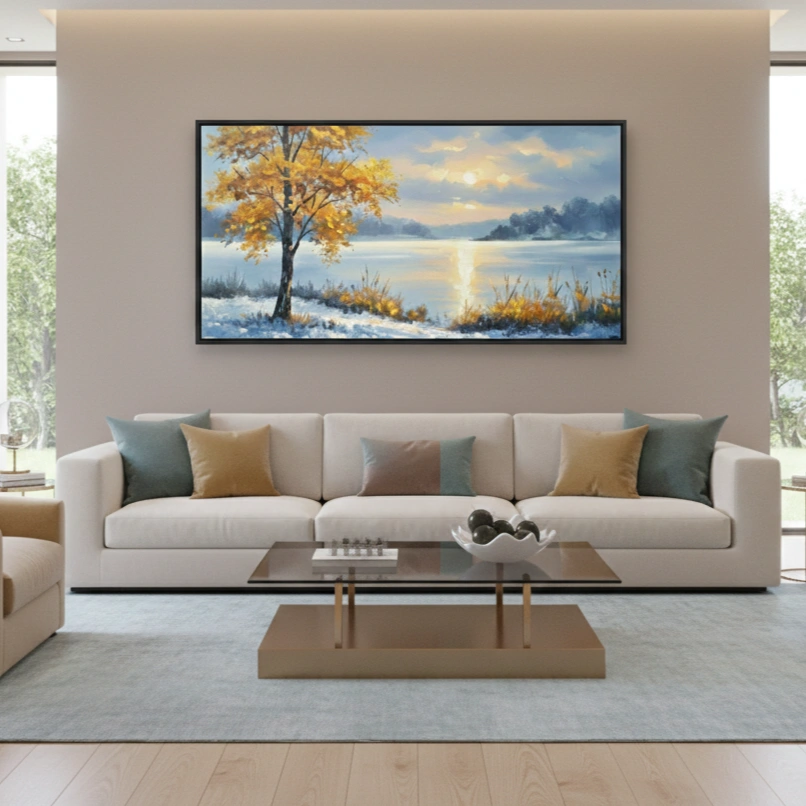 Gilded Shoreline Sunset Horizon color art (1.5) Impressionist landscape hand-painted canvas depicting golden autumn tree beside frozen winter lake, cool blue and warm ochre tones, contemporary living space