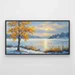 Impressionist landscape hand-painted canvas depicting golden autumn tree beside frozen lake at sunrise, cool blues and warm golds, contemporary living space