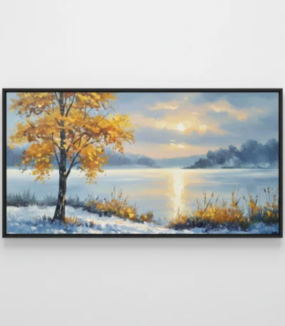 Impressionist landscape hand-painted canvas depicting golden autumn tree beside frozen lake at sunrise, cool blues and warm golds, contemporary living space