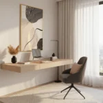 Abstract hand-painted canvas with organic charcoal and gold leaf elements on cream background, modern workspace