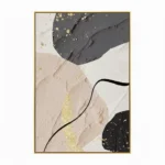 Contemporary abstract hand-painted canvas with organic curved forms in charcoal, cream and taupe with gold leaf accents