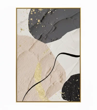 Contemporary abstract hand-painted canvas with organic curved forms in charcoal, cream and taupe with gold leaf accents