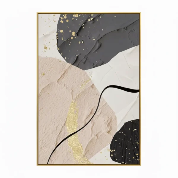 Contemporary abstract hand-painted canvas with organic curved forms in charcoal, cream and taupe with gold leaf accents