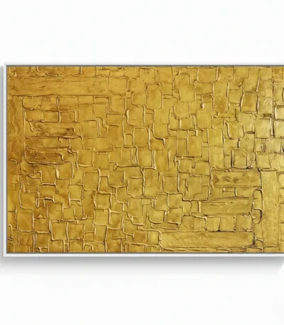 Textured abstract hand-painted canvas in layered gold and ochre tones with geometric relief patterns, contemporary living space