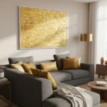 Textured abstract hand-painted canvas in layered gold and cream tones with geometric relief, contemporary living space
