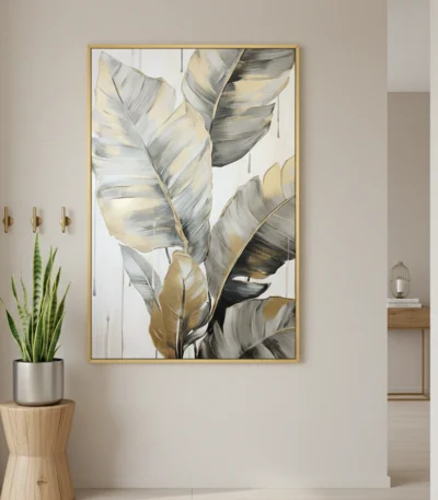 Contemporary hand-painted canvas of layered feathers in charcoal, gold and cream tones, modern entryway