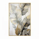 Contemporary hand-painted canvas of layered botanical leaves in cream, gold and charcoal tones