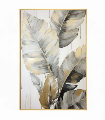 Contemporary hand-painted canvas of layered botanical leaves in cream, gold and charcoal tones