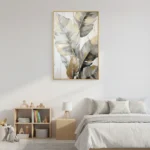 Contemporary hand-painted canvas depicting layered feathers in cream, gold and charcoal tones, modern bedroom
