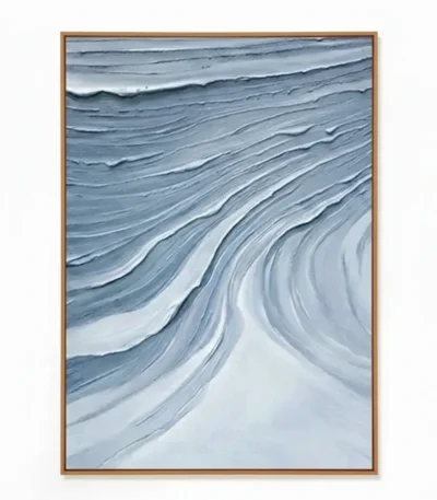 Textured abstract hand-painted canvas with flowing layered brushstrokes in cool blues and whites, contemporary living space