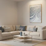 Layered abstract hand-painted canvas depicting flowing wave patterns in soft grays and whites, contemporary living space