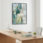 Layered abstract hand-painted canvas in teal, gold, and cream with gestural brushstrokes, modern office space